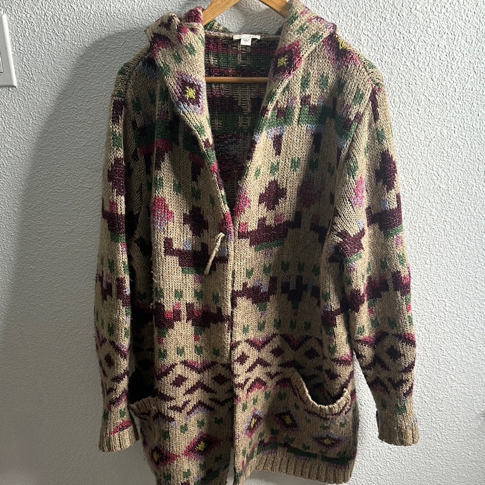 J Jill Lenox topper Aztec Lenox Hooded Sweatercardigan sz L beige burgundy wool - Picture 5 of 11